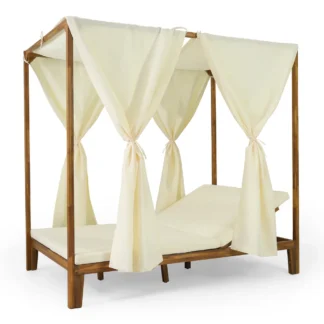 Teak Wood Outdoor Canopy Daybed Patio Cabana Bed With Curtains Resort Furniture