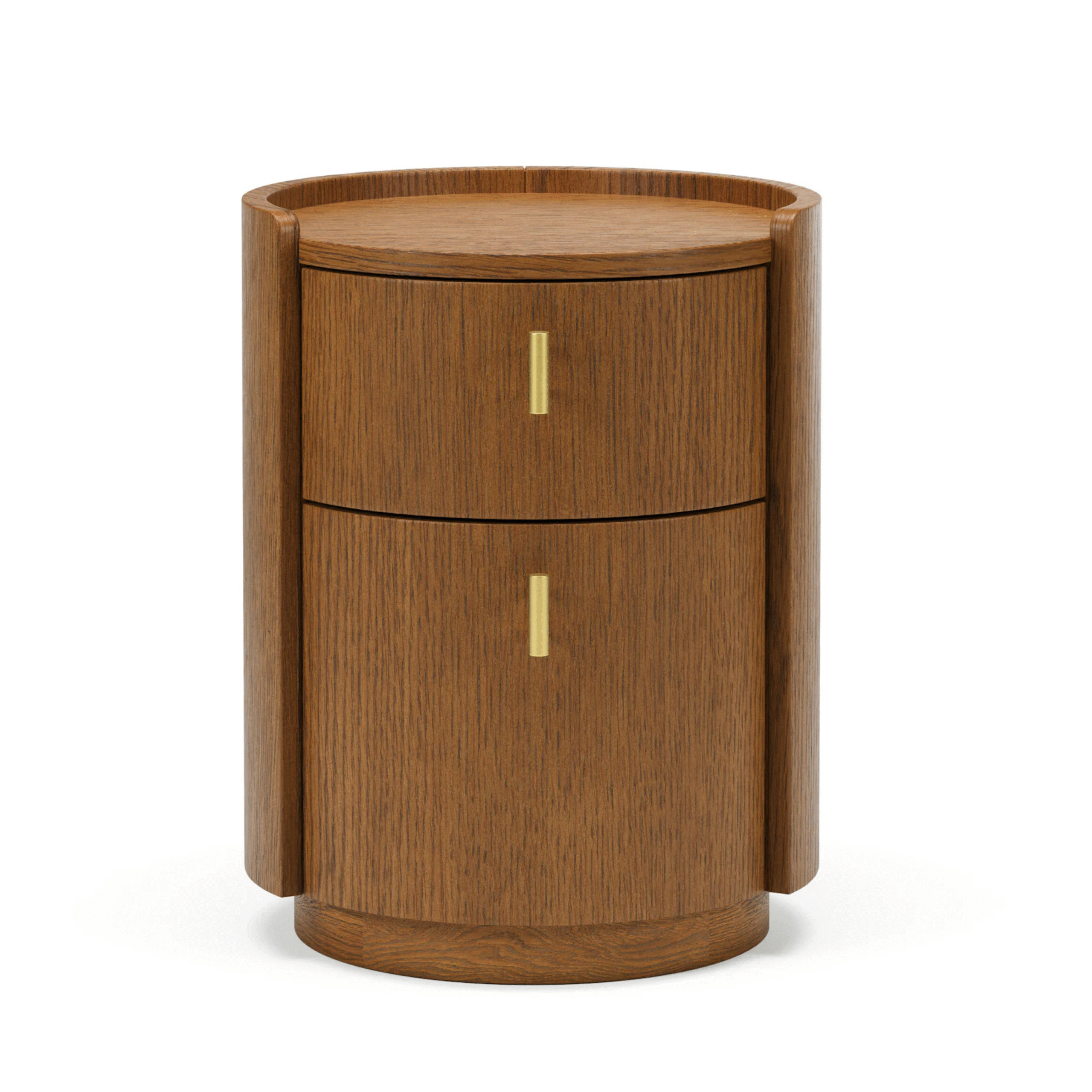 Solid Teak Wood Round Nightstand with Drawer Bedside Table Cylinder Modern Side Table with Brass Handle Bedroom Furniture