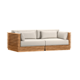 Solid Teak Wood Sofa Set Modern Minimalist Indoor Outdoor Furniture Beige Cushion Slatted Wooden Frame Luxury Living Room Villa