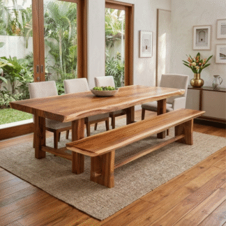 Modern Solid Teak Wood Dining Table Set with Bench and Upholstered Chairs
