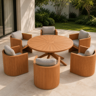 Modern Outdoor Teak Wood Round Dining Set Patio Garden Furniture 6 Seater Dining Table and Armchairs for Villa Resort Hotel