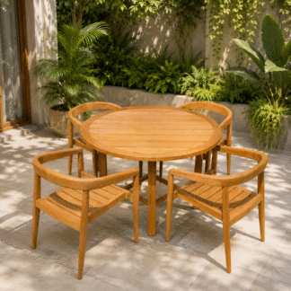 Teak Wood Garden Dining Set Round Outdoor Table and Armchairs Weather Resistant Patio Furniture for Villa Courtyard Resort