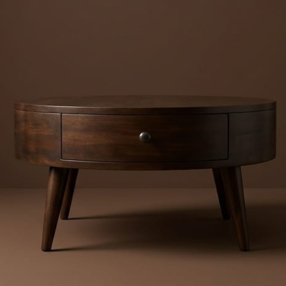 Modern Round Teak Wood Coffee Table with Storage Drawer Mid Century Living Room Furniture