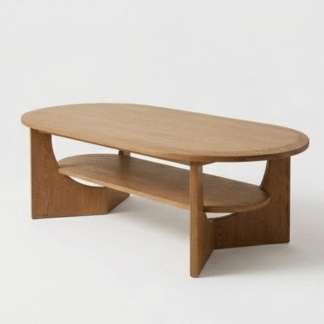 Modern Teak Wood Oval Coffee Table with Open Shelf Storage Mid Century Living Room Furniture