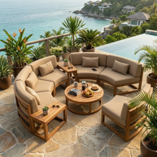 Modern Teak Outdoor Sectional Sofa Set Curved Patio Furniture for Hotel Resort Villa Garden