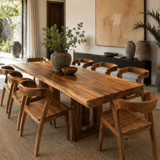 Modern Solid Wood Live Edge Dining Table Set with 8 Curved Back Chairs Natural Walnut Finish Restaurant Furniture