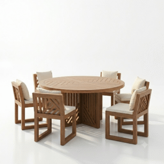 Outdoor Dining Set Solid Teak Round Table and 6 Chairs for Resort Villa Hotel Patio