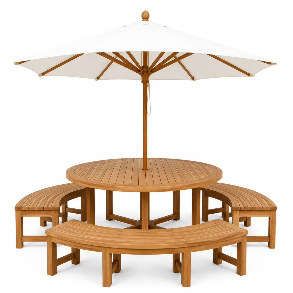 Teak Round Outdoor Dining Set with Curved Benches and Wooden Umbrella for Garden Resort Patio Furniture