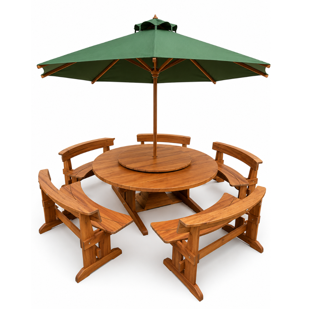 Solid Teak Round Picnic Table Set with Curved Benches and Umbrella Heavy Duty Commercial Outdoor Furniture for Resort