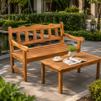 Solid Teak Outdoor Garden Bench with Coffee Table Patio Furniture for Resort Villa Hotel Courtyard