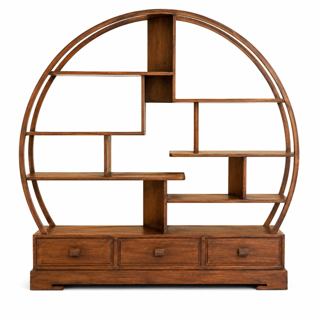 Handcrafted Round Teak Wood Bookcase with Storage Drawers