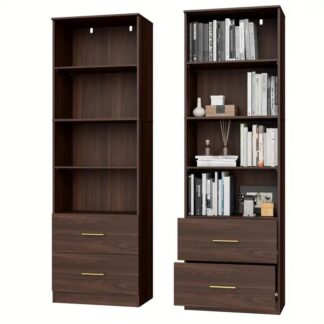 Modern Vertical Teak Wood Bookcase with Two Drawers