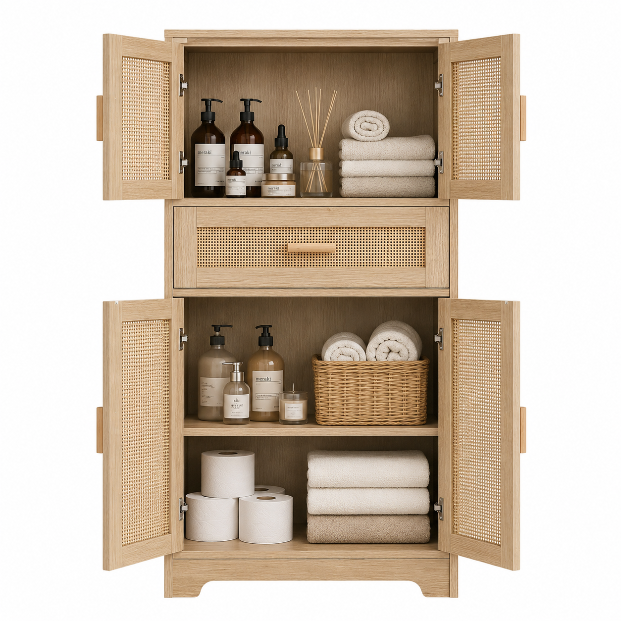 Modern Teak Wood Bathroom Cabinet with Rattan Doors