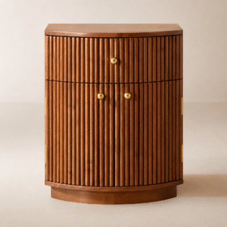 Curved Teak Wood Bedside Table Luxury Slatted Wooden Storage Cabinet