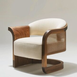 Sculptural Teak Wood Lounge Chair Fluid Frame Armchair with Breathable Cane