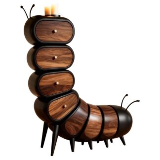 Creative Caterpillar Shaped Teak Wood Cabinet Whimsical 4 Drawer Bedroom Storage Chest