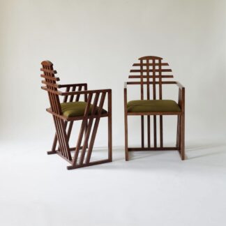 Geometric Grid Back Teak Wood Dining Chair Luxury Olive Green Fabric Accent Lounge Armchair