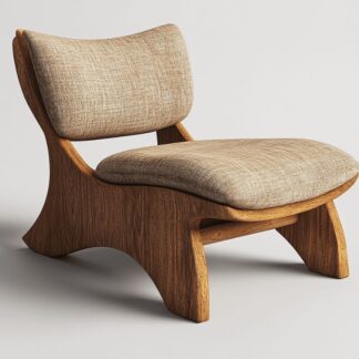 Mid Century Teak Wood Lounge Chair Sculptural Accent Seat with Textured Fabric Cushion