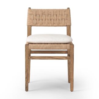 Woven Rope Back Teak Wood Dining Chair Luxury Indoor Accent Seat with Removable Cushion