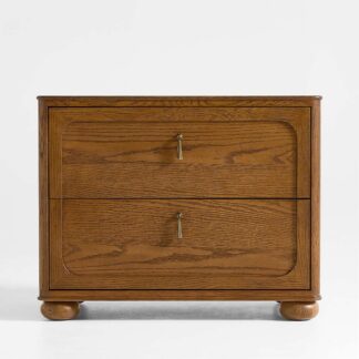 Luxury Curved Panel Teak Wood Nightstand 2 Drawer Bun Feet Bedside Table for Bedroom