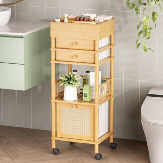 Aesthetic Teak Wood Bathroom Storage Caddy Mobile Rattan Drawer Organizer Cart