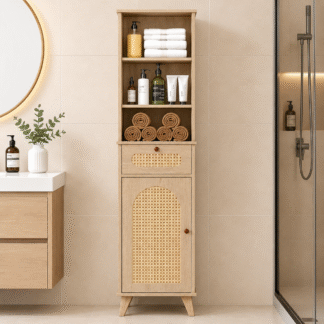 Aesthetic Teak Wood Bathroom Standing Rack Slim Rattan Drawer Organizer Tower