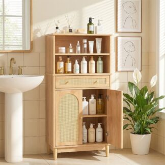 Pure Organic Teak Wood Bathroom Sideboard Double Arch Rattan Vanity Storage Cabinet