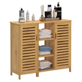 Teak Wood Bathroom Storage Cabinet with Slatted Doors