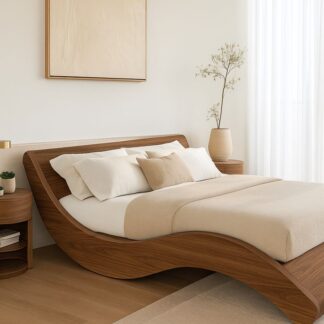 Premium Curved Teak Wood Wave Bed Frame Organic Design Master Bedroom Furniture