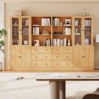 High End Japandi Style Teak Wood Cabinet Large Storage Wall Library Bookcase