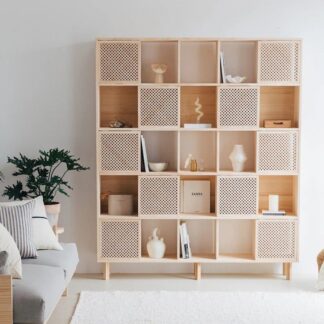 Premium Japandi Teak Wood Bookcase Rattan Webbing Door Cube Display Cabinet