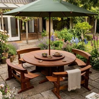 Luxury Rustic Teak Wood Outdoor Dining Set Lazy Susan Table with Umbrella