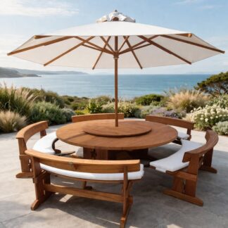 Premium Round Teak Wood Dining Table Set Luxury Parasol Garden Curved Bench