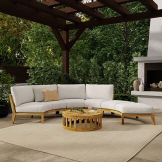 C Shaped Minimalist Teak Wood Garden Sofa Thick Cushion Backyard Seating Unit