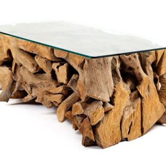 Teak Wood Root Coffee Table Rectangle Glass Top Console Table