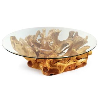 Natural Teak Wood Stump Coffee Table Clear Glass Round Tea Table