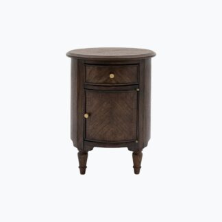 Dark Walnut Tone Teak Wood Bedside Table Drum Storage Cabinet Single Drawer