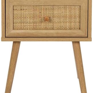 Mid Century Teak Wood Bedside Cabinet Elegant Rattan Accent Side Organizer