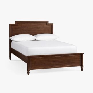 Transitional Teak Wood Double Bedstead with Tiered Panel Head Panel