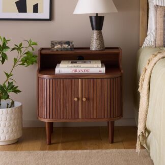 Japandi Style Teak Wood Bedside Bookshelf Table featuring Slatted Cupboard