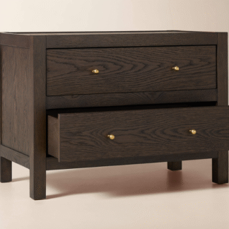 Modern Teak Wood Nightstand with Double Drawers and Gold Brass Knobs