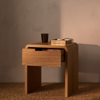 Curved Teak Wood Nightstand with Single Drawer and Waterfall Edges