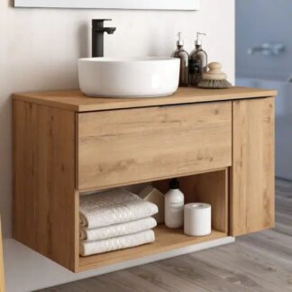 Minimalist Teak Wood Floating Vanity with Open Towel Storage Shelf