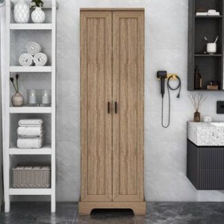 Contemporary Teak Wood Narrow Storage Unit with Minimalist Slender Handles