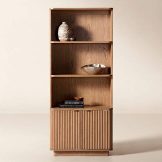 Solid Teak Wood Bookcase with Fluted Door Cabinet Luxury Closed Back Bookshelf for Home Office