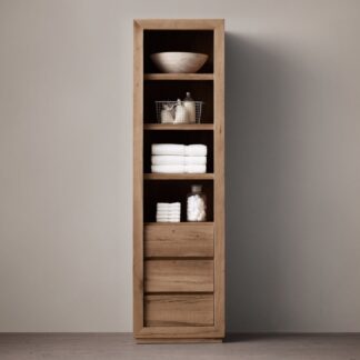 Minimalist Teak Wood Bathroom Storage Tower Tall Open Shelf Towel Cabinet