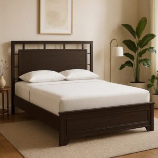 Modern Teak Wood Bed Frame Transitional Panel Bed with High Headboard