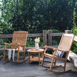 Eco Friendly Teak Wood Veranda Rocker High Backrest Slatted Garden Armchair