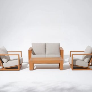 Modern Teak Wood Outdoor Sofa Set Minimalist Patio Conversation Furniture with Cushions