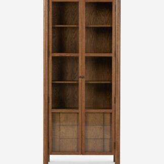 Solid Teak Wood Bookcase with Glass Doors Modern Display Cabinet for Living Room Office